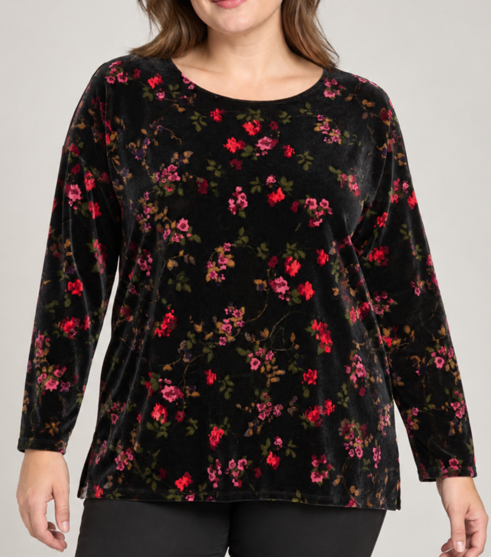 J.Jill Black Floral Velour Top 3X Plus Size Stretch Velvet Scoop Neck Cottage